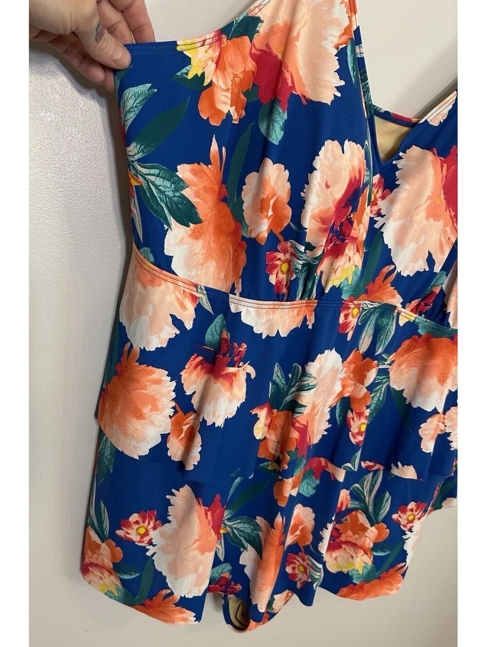 NWTS Swimsuits For All Blue Floral Tropical Print Slimming Swim Dress Size 32.